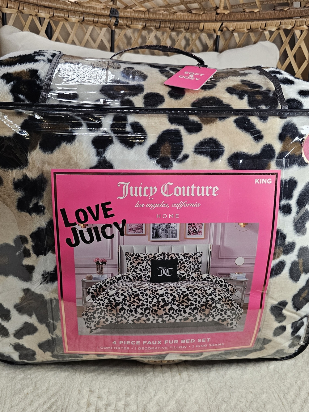 Juicy Couture Leopard Print Faux Fur King Comforter Set - Beige & Black